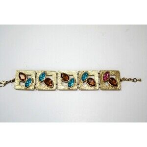 Glam Regency VTG Link Bracelet Gold Tone Blue Yellow Pink Rhinestones ESTATE